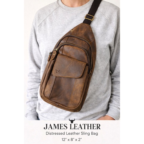 James Leather Other - James Leather Mens Brown Distressed Leather Crossbody Sling Bag Chest Pack 0296